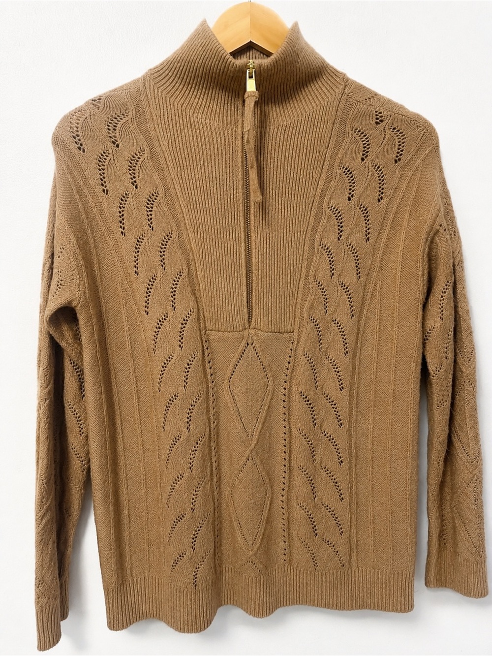 Women  Half-Zip Cable Knit Sweater in Tan